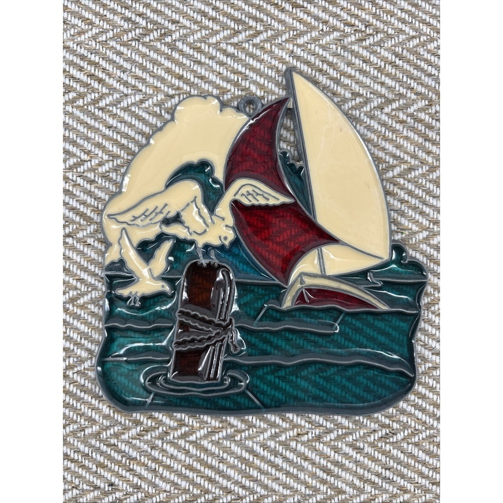 Vintage Metal Coastal Seagull Lighthouse & Sea Sun Catcher Stain Glass